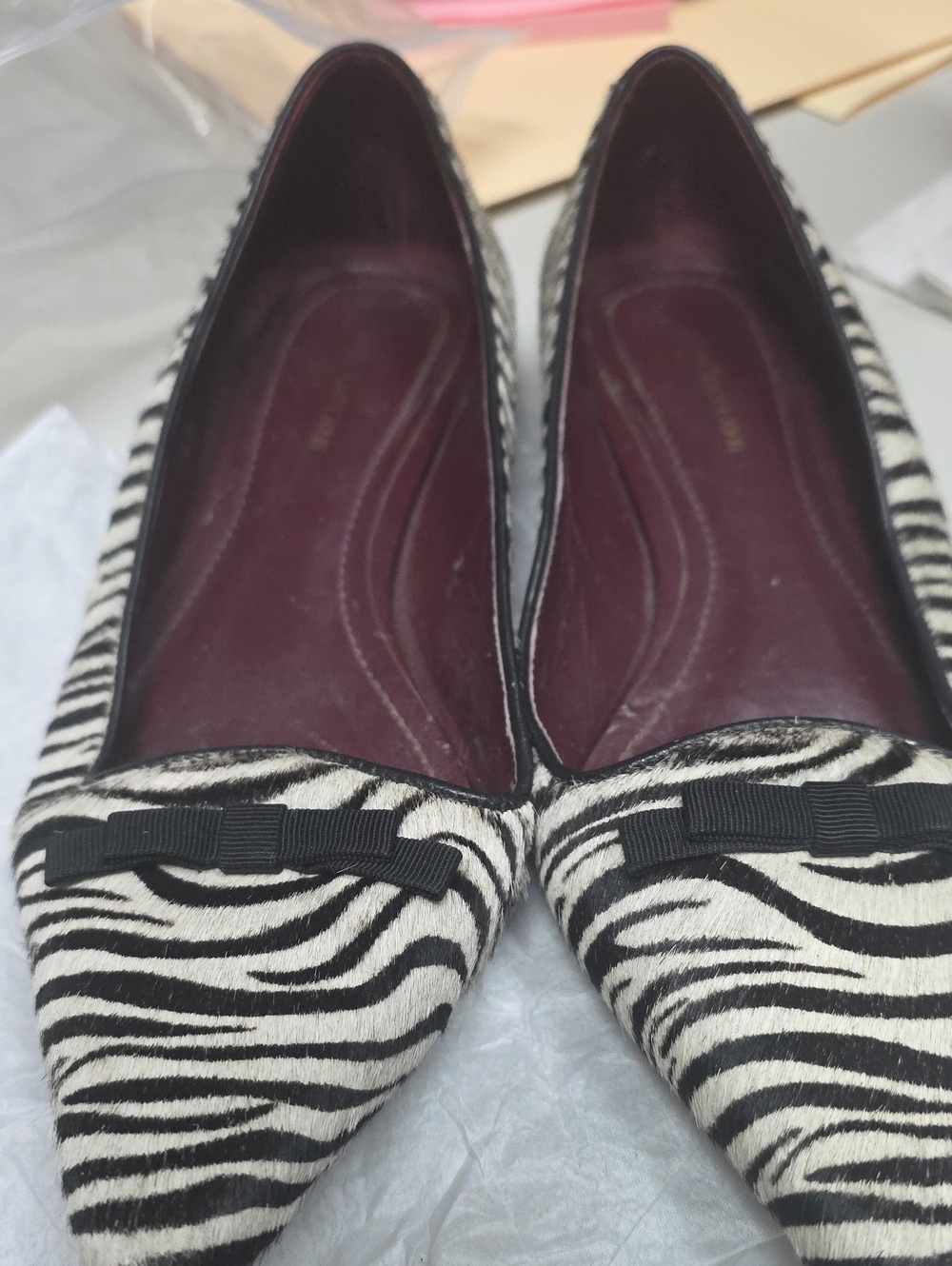 Ann Taylor Black and White Zebra-Print Pointed Flats with Bow